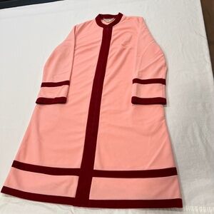 Vintage Vanity Fair Velour Robe Salmon with Wine Trim Sz 12 Zip Front 3/4 sleeve